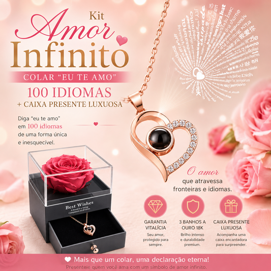 Kit Amor Infinito – Colar “Eu te amo” 100 Idiomas + Caixa Presente Luxuosa