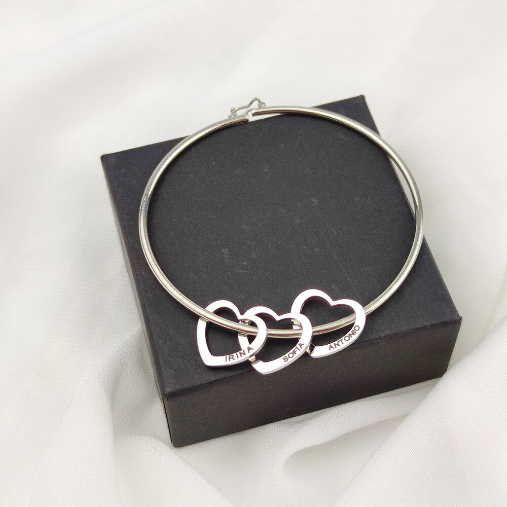 Fils New Custom Engraving Name Heart Charms Bracelets for Women Personalized Stainless Steel Customized Bangle DIY Jewelry Gift