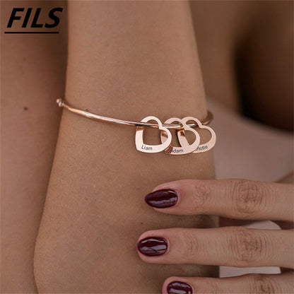 Fils New Custom Engraving Name Heart Charms Bracelets for Women Personalized Stainless Steel Customized Bangle DIY Jewelry Gift